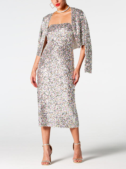 Sequin Cardigan and Straight Dress Set