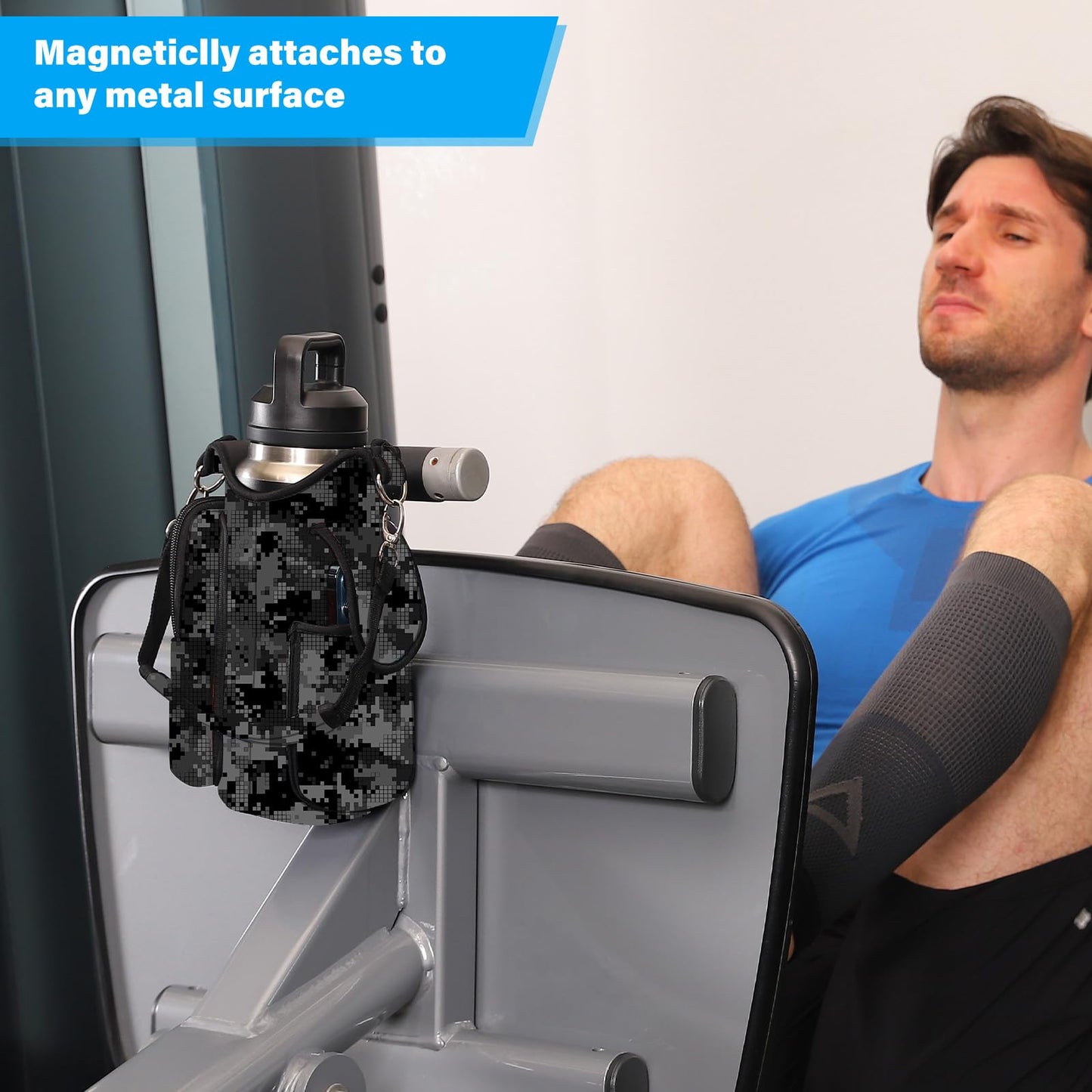 icolor Magnetic Gym Bag Water Bottle Carrier Holder with Phone Pockets & Shoulder Strap,Gym Magnetic Bag 5 Built-in Magnets Gym Accessories Organizer Sling Bottle Bag Pouch Sleeve
