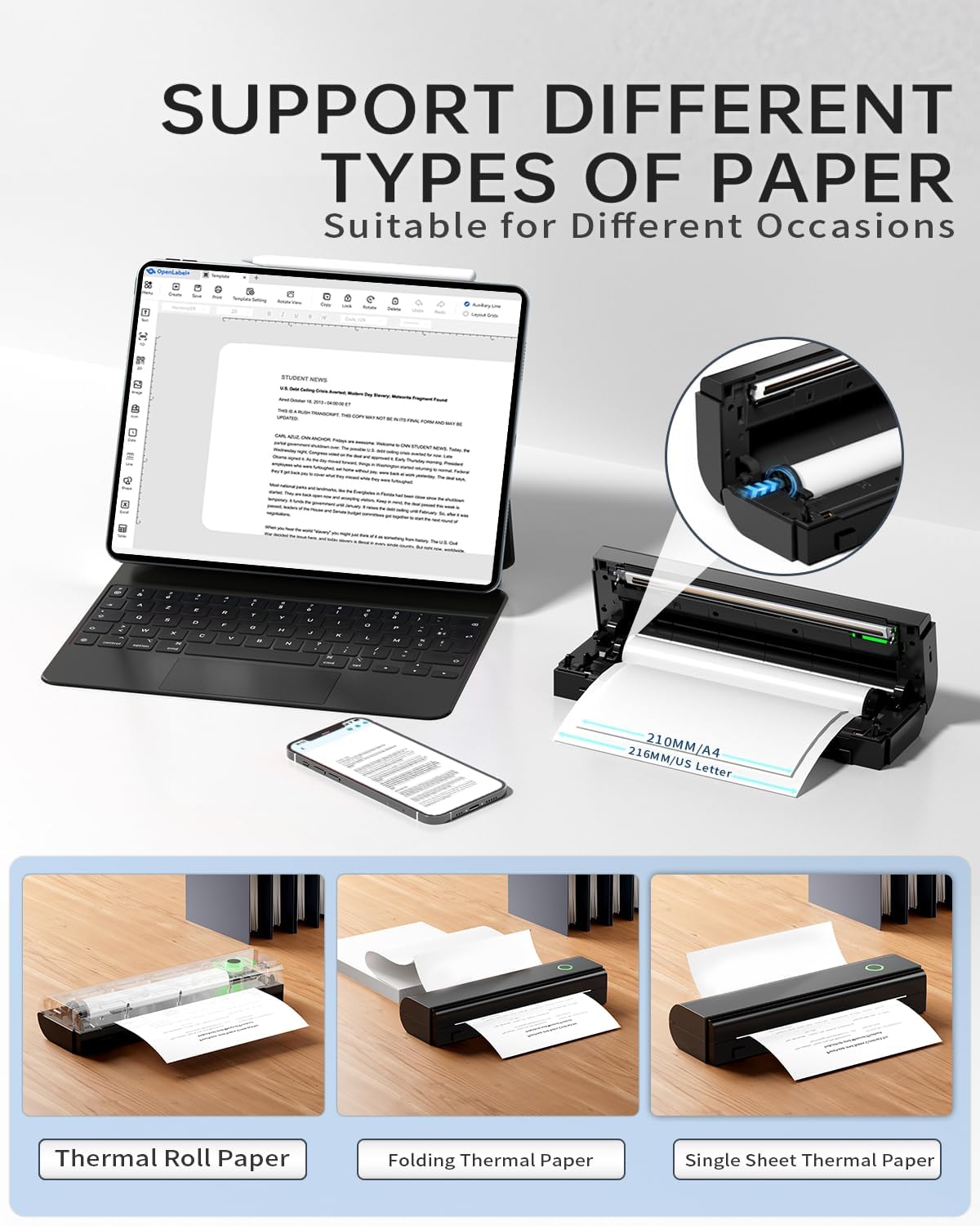 Portable Printers Wireless for Travel, N80 Wireless Thermal Printer Bluetooth Inkless Printer Support 8.5" X 11" US Letter & A4 Size, Compatible with iOS, Android, Laptop for Office, Home, Car, Black
