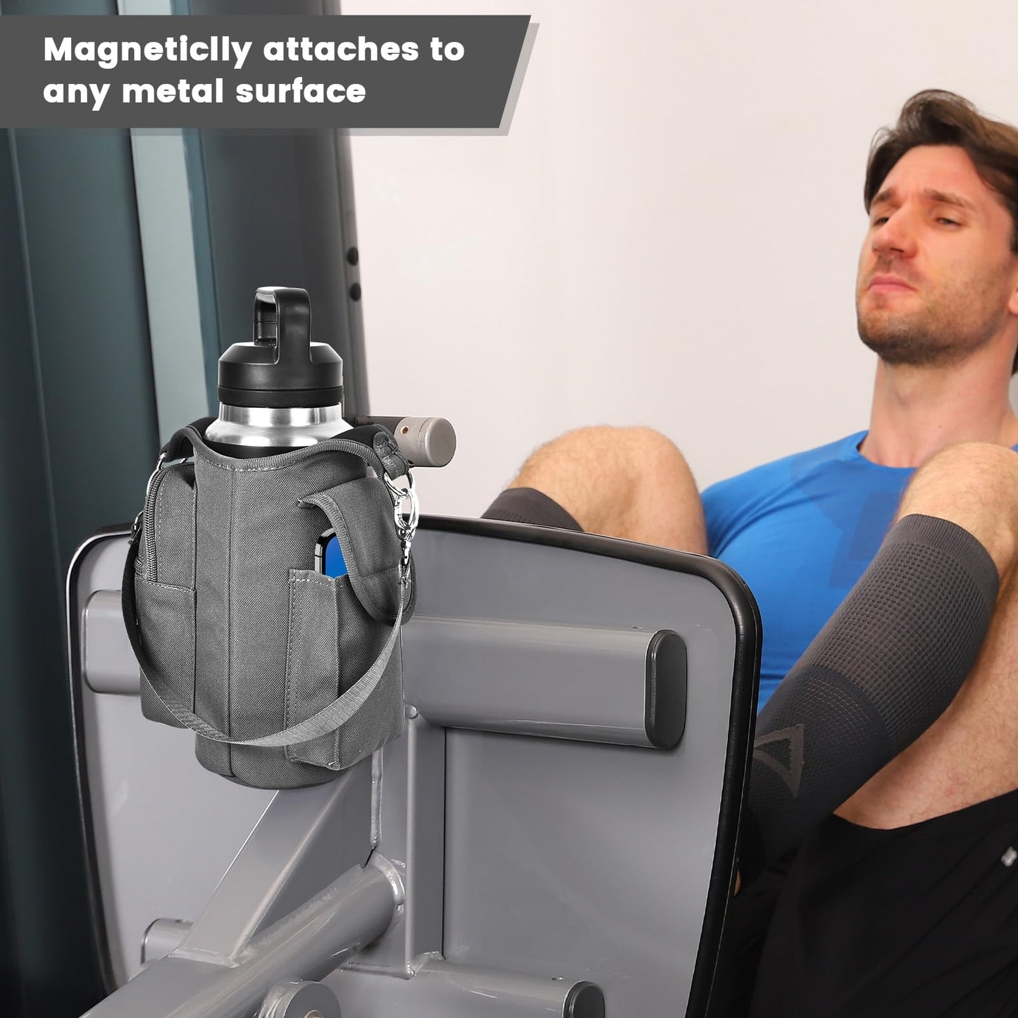 icolor Magnetic Gym Bag Water Bottle Carrier Holder with Phone Pockets & Shoulder Strap,Gym Magnetic Bag 5 Built-in Magnets Gym Accessories Organizer Sling Bottle Bag Pouch Sleeve