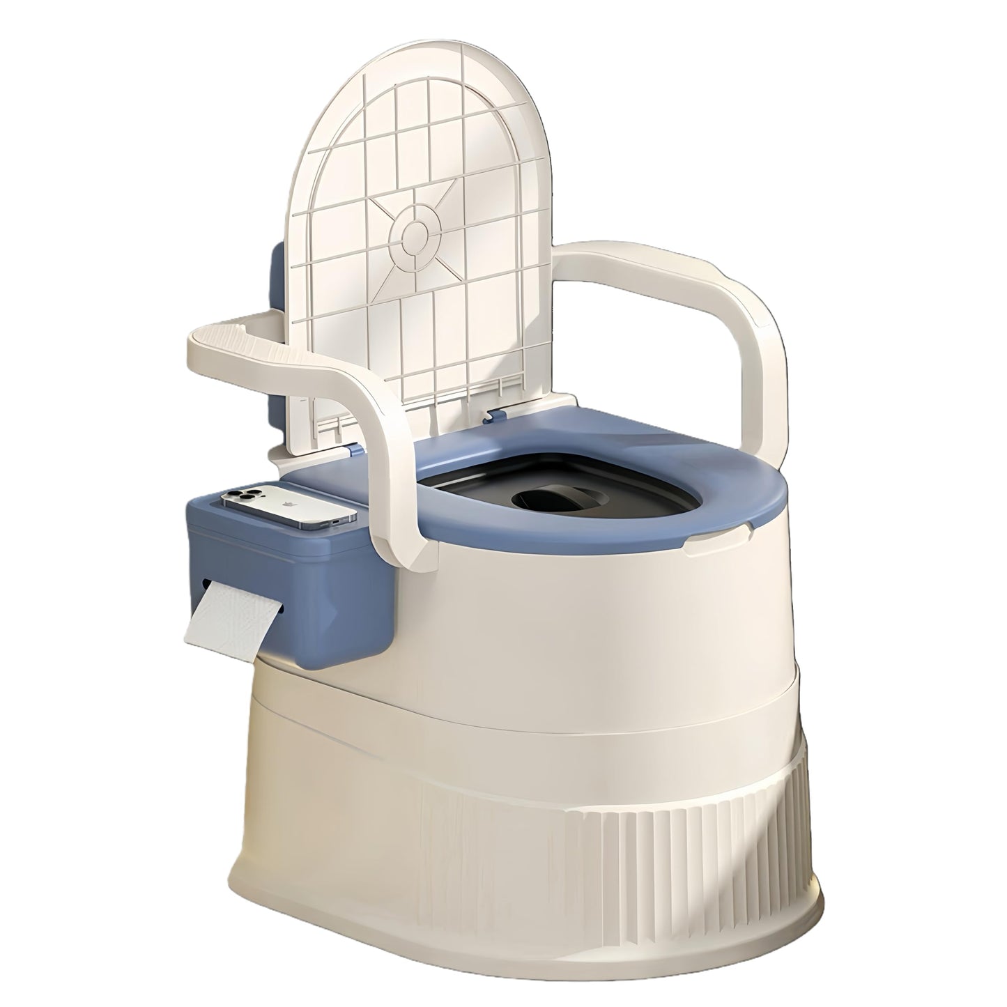 Portable toilet seat with armrests, with lid, with tissue holder, with seat function, robust, easy to clean, no power connection required, suitable for indoor and outdoor use (Gray)