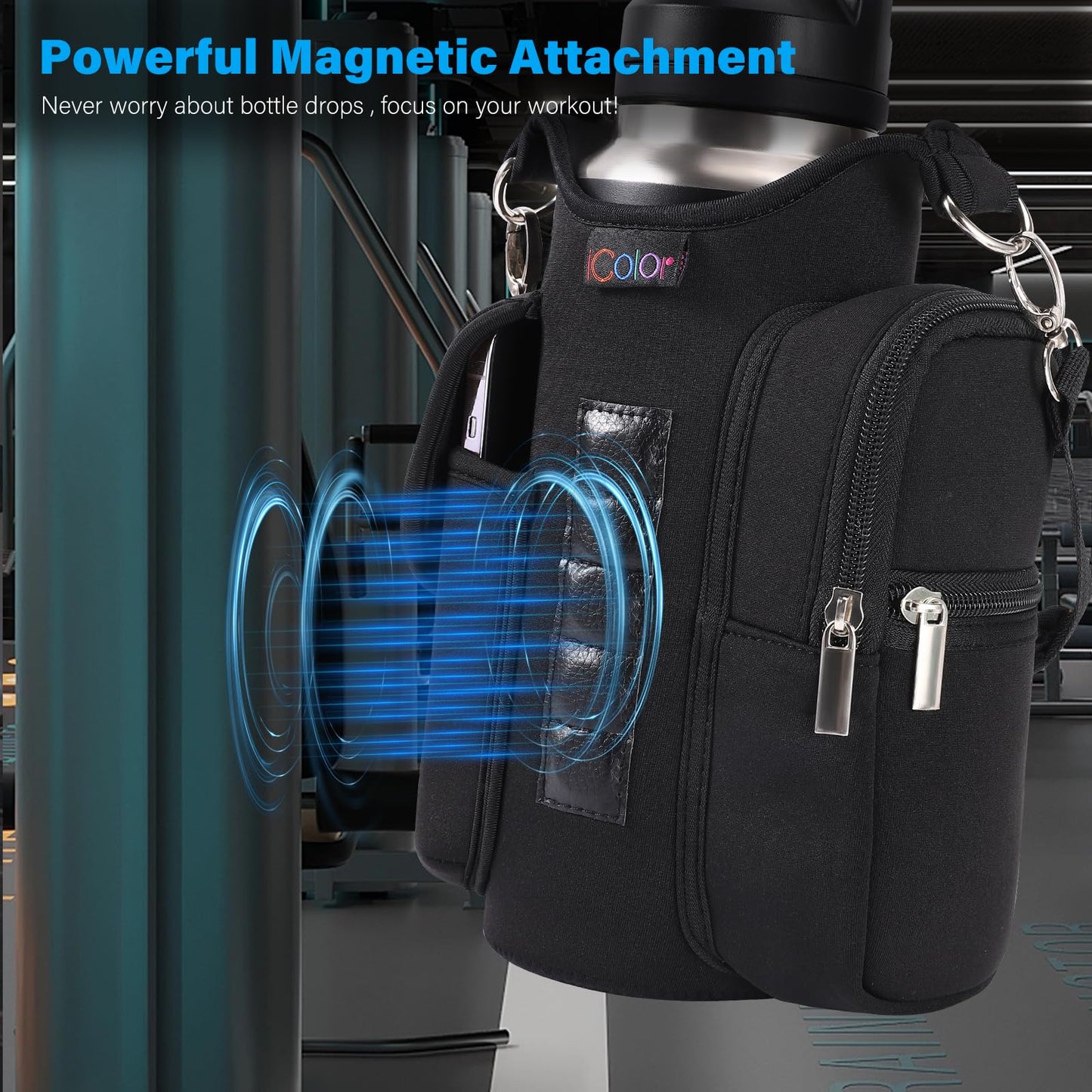 icolor Magnetic Gym Bag Water Bottle Carrier Holder with Phone Pockets & Shoulder Strap,Gym Magnetic Bag 5 Built-in Magnets Gym Accessories Organizer Sling Bottle Bag Pouch Sleeve