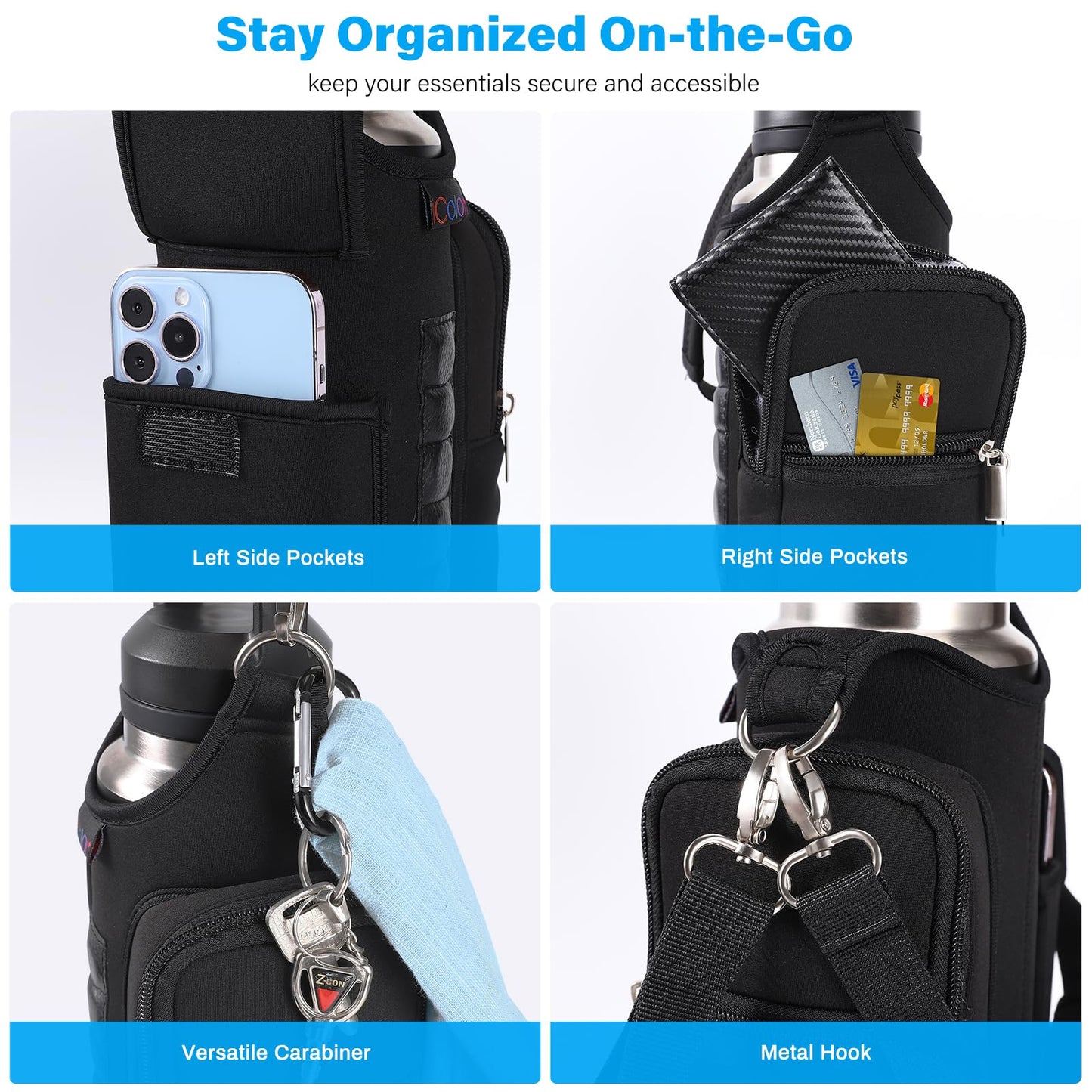 icolor Magnetic Gym Bag Water Bottle Carrier Holder with Phone Pockets & Shoulder Strap,Gym Magnetic Bag 5 Built-in Magnets Gym Accessories Organizer Sling Bottle Bag Pouch Sleeve