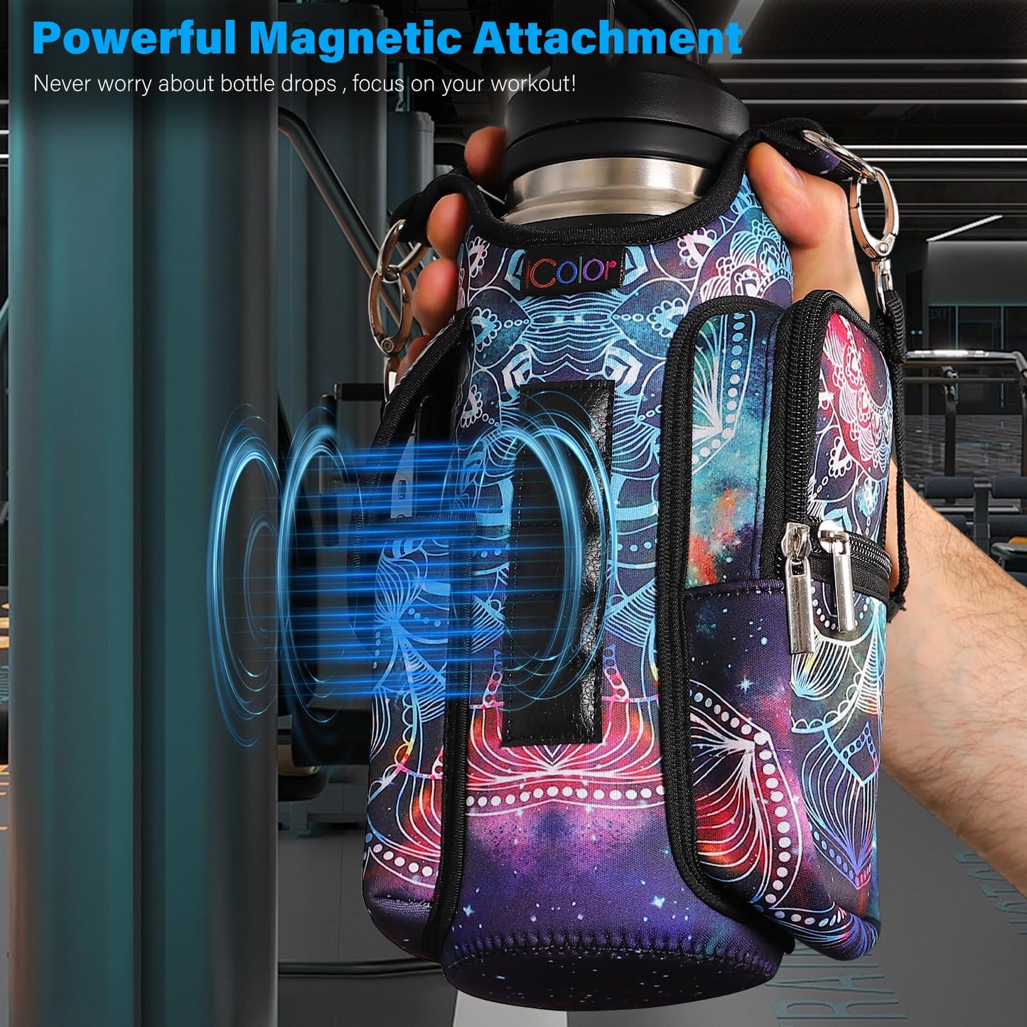 icolor Magnetic Gym Bag Water Bottle Carrier Holder with Phone Pockets & Shoulder Strap,Gym Magnetic Bag 5 Built-in Magnets Gym Accessories Organizer Sling Bottle Bag Pouch Sleeve