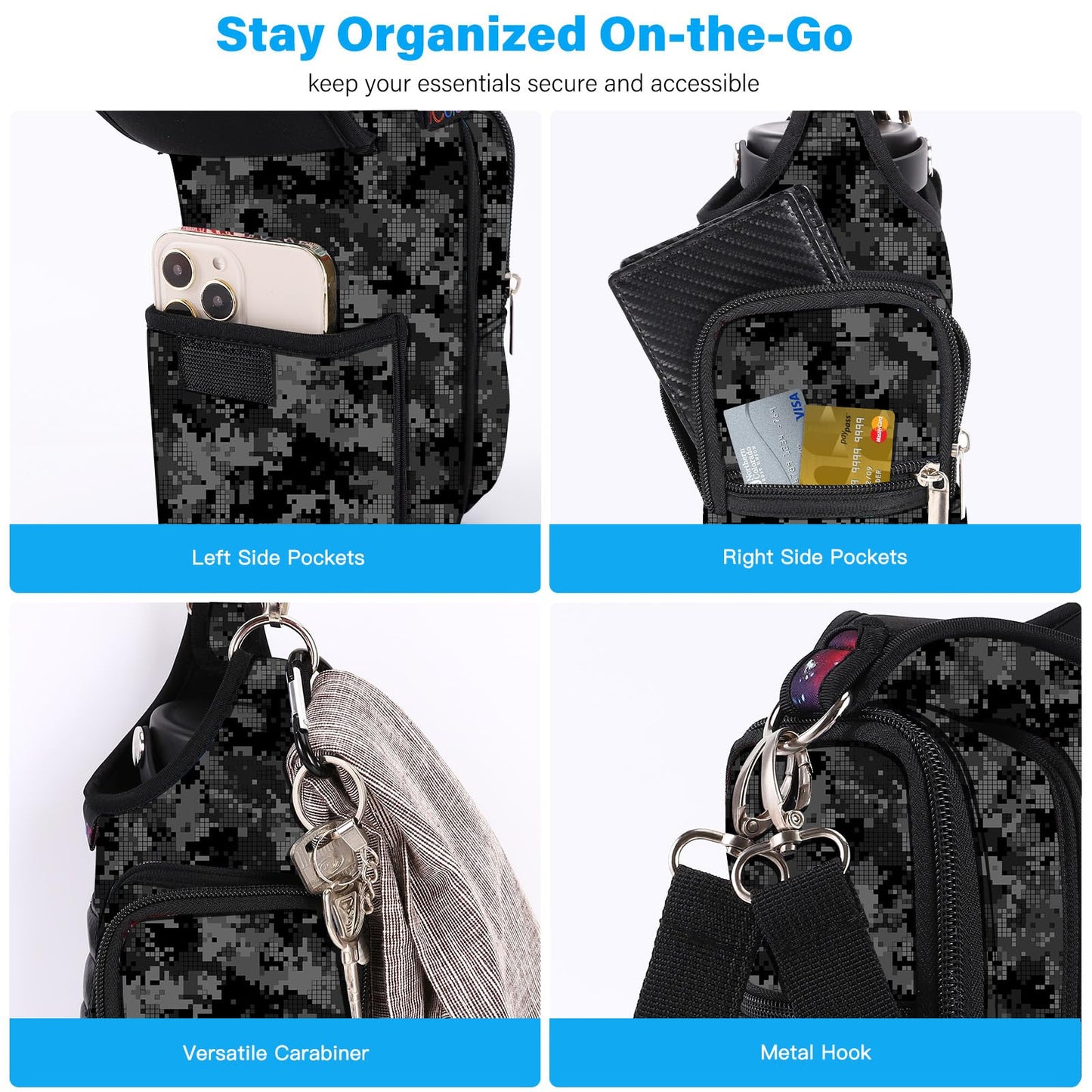 icolor Magnetic Gym Bag Water Bottle Carrier Holder with Phone Pockets & Shoulder Strap,Gym Magnetic Bag 5 Built-in Magnets Gym Accessories Organizer Sling Bottle Bag Pouch Sleeve